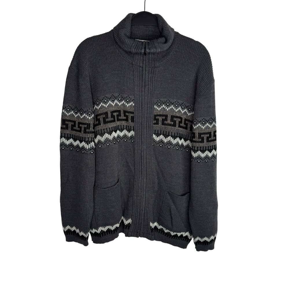Vintage London Fog Men's XL Grey Geometric Fair Isle Zip-Up Sweater with Pockets